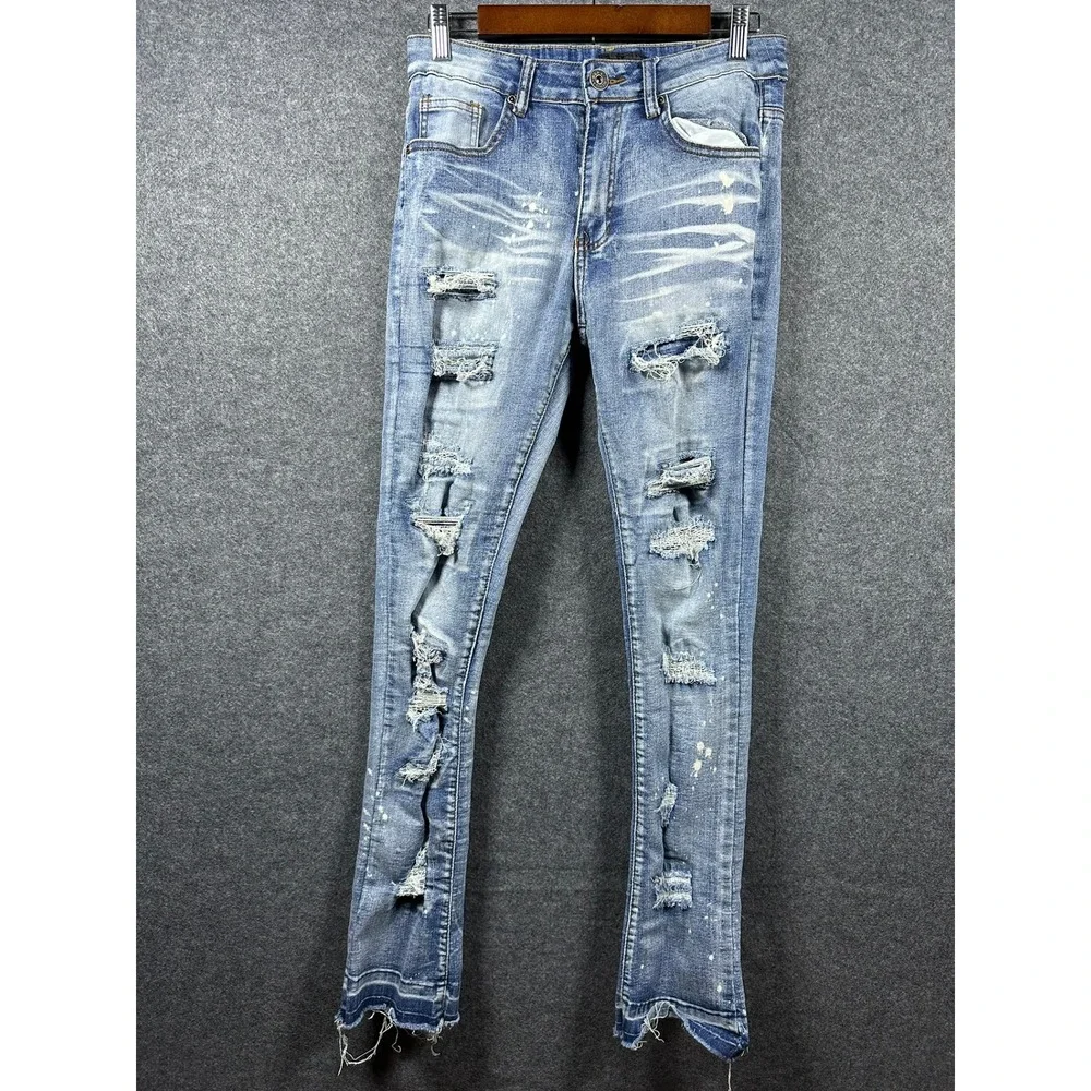 Waimea Mens Size 30 Stacked Fit‎ Ripped Distressed Denim Jeans Light Wash